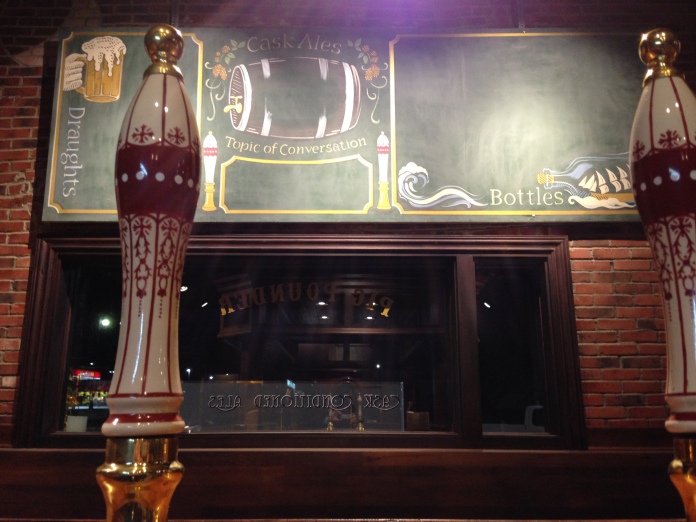 Cask Ale Handles with Chalkboard of Draughts, Casks, and Bottles plus Topic of Conversation